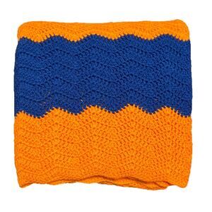 Handmade Crocheted Afghan Throw Blanket Orange Royal Blue 75X78 Mets Broncos EUC